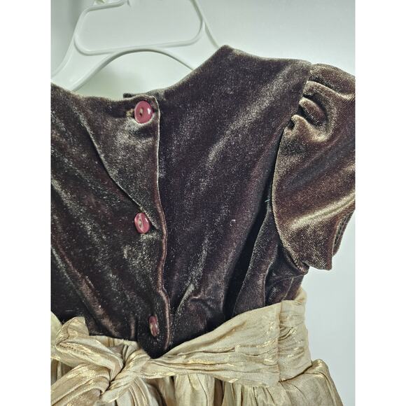 Youngland Baby Dress with Roses size 2T Brown Velvet Gold Silky Rosettes + Clip - Picture 7 of 14